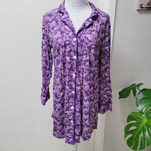 Ralph Lauren Purple Floral Print‎ Long Sleeve Button Front Sleep Shirt Nightgown